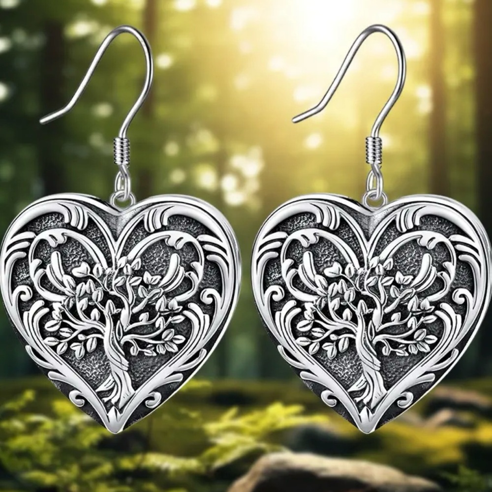 NWOT - Elegant Silver-tone Heart Tree of Life Dangle Earrings